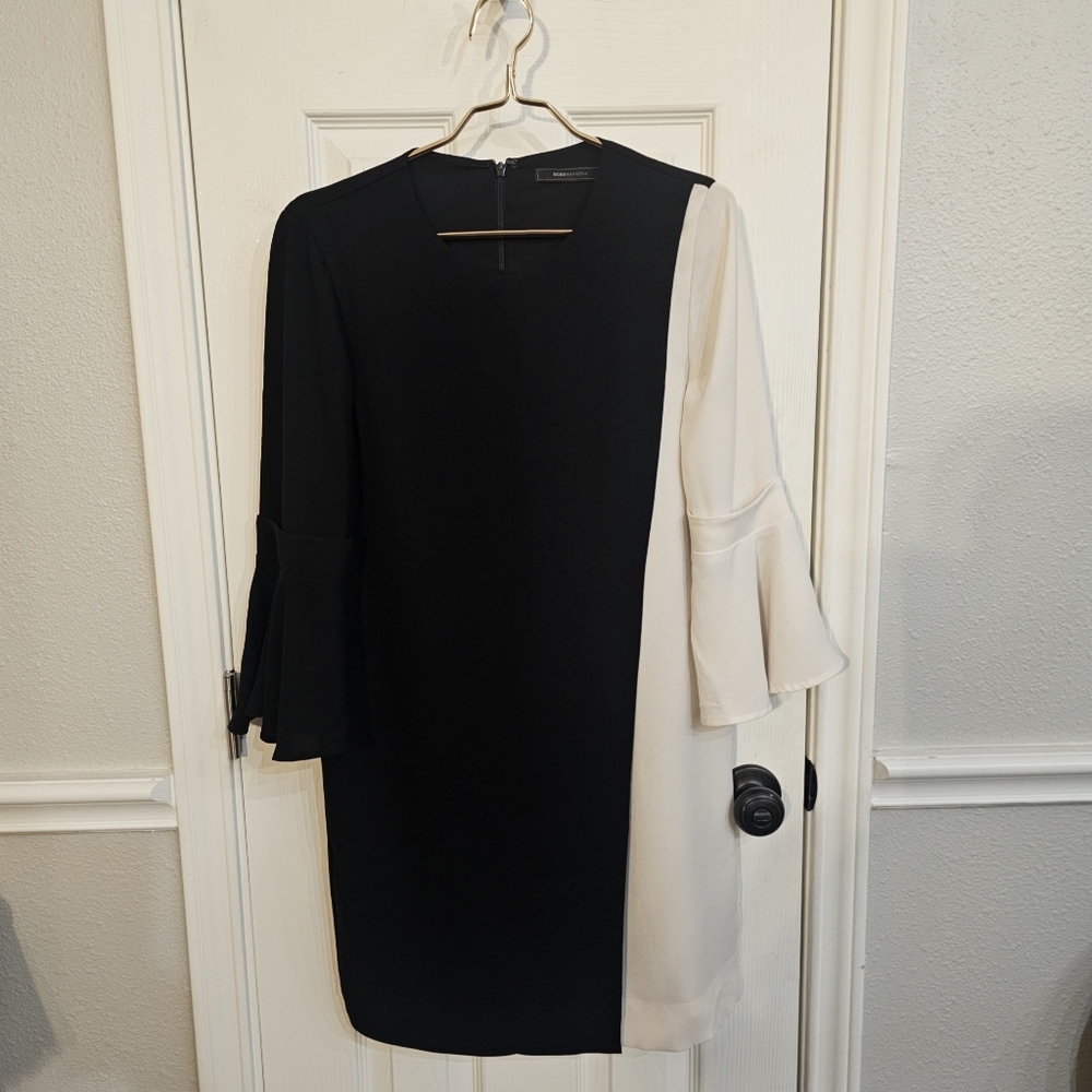 BCBGMaxAzria Black and Cream Bell Sleeve Sheath Dress